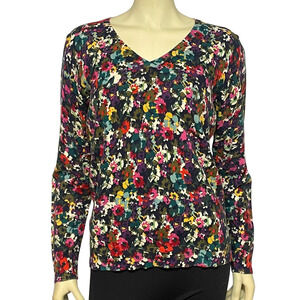 Talbots Sz L Pullover V-Neck Sweater Black Floral Print Light Cotton Knit Office